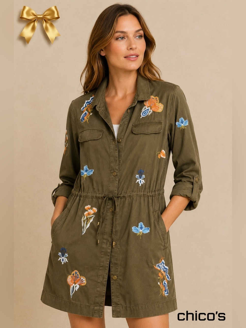 Chico’s Embroidered Utility Jacket Dress Olive Green Medium